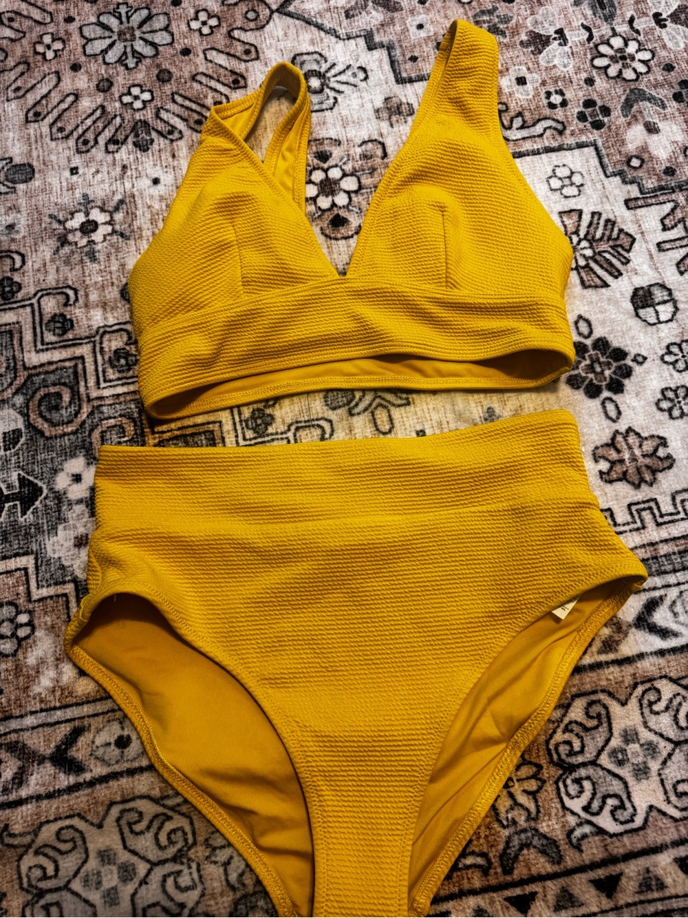 Worn once Old Navy Mustard Yellow Textured High-Waist Bikini Set